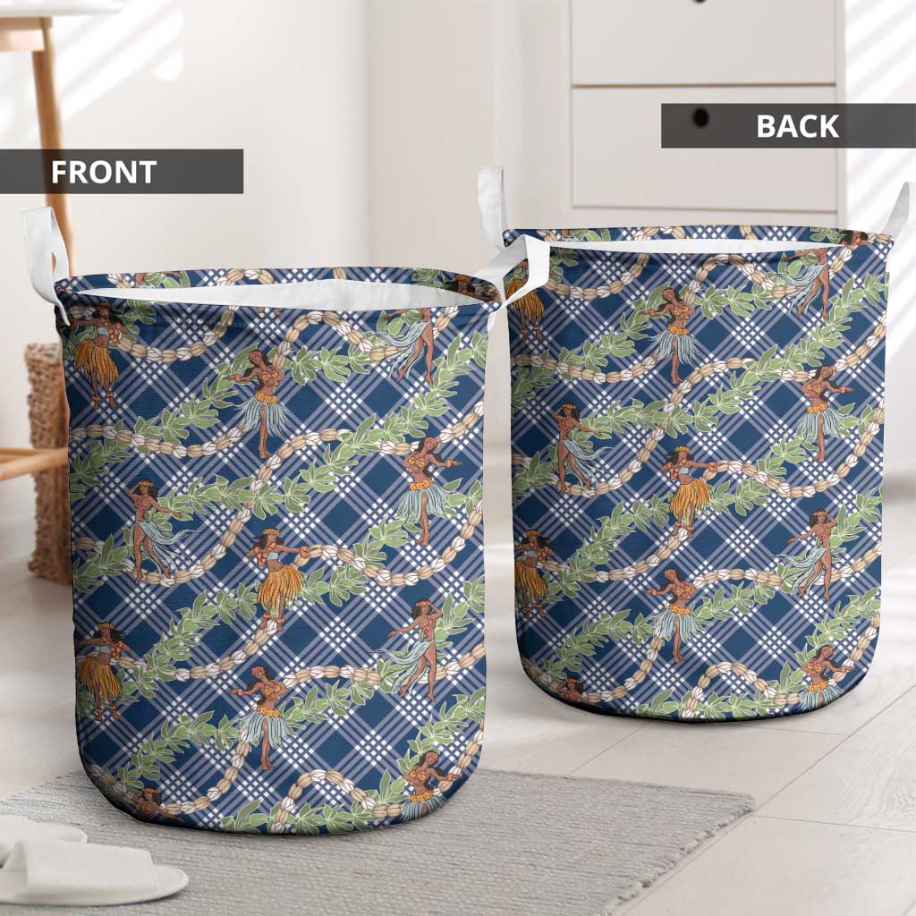 Navy Blue Palaka Hula Girls Seamless Hawaii Aloha Laundry Basket - Polynesian Pride