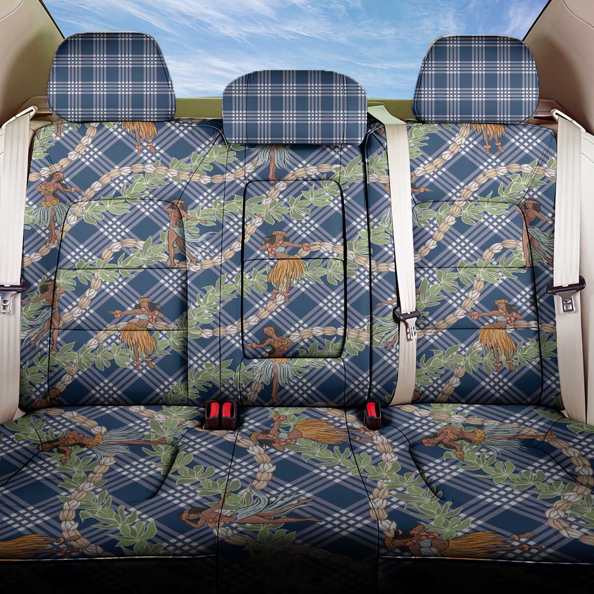 Navy Blue Palaka Hula Girls Seamless Hawaii Aloha Back Car Seat Cover - Polynesian Pride