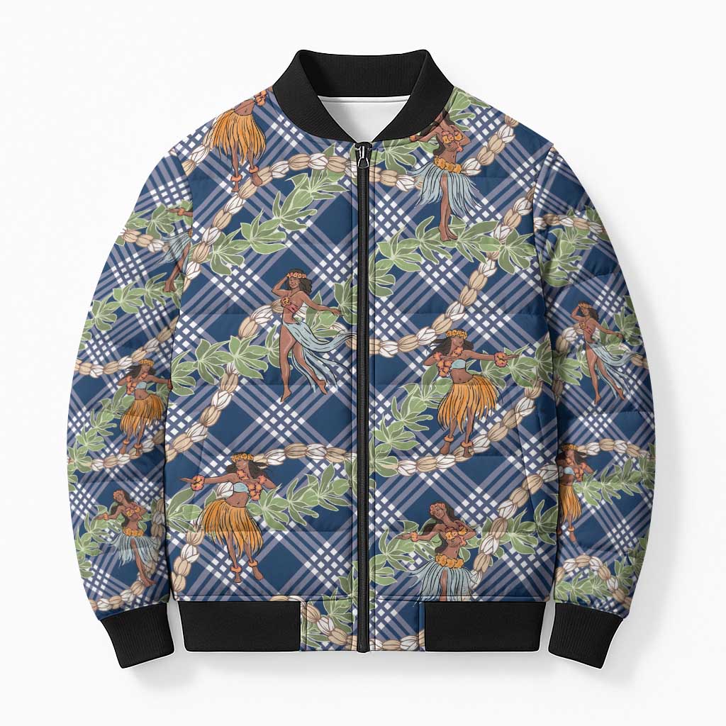 Navy Blue Palaka Hula Girls Seamless Hawaii Aloha Bomber Puffer Jacket - Polynesian Pride
