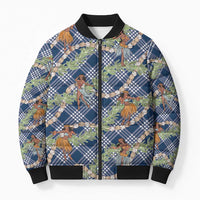 Navy Blue Palaka Hula Girls Seamless Hawaii Aloha Bomber Puffer Jacket - Polynesian Pride