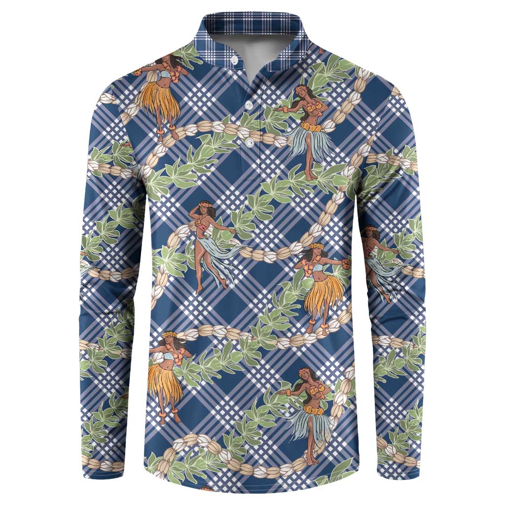 Navy Blue Palaka Hula Girls Seamless Hawaii Aloha Button Sweatshirt - Polynesian Pride