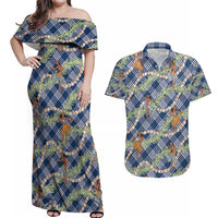 Navy Blue Palaka Hula Girls Seamless Hawaii Aloha Couples Matching Off Shoulder Maxi Dress and Hawaiian Shirt - Polynesian Pride