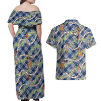 Navy Blue Palaka Hula Girls Seamless Hawaii Aloha Couples Matching Off Shoulder Maxi Dress and Hawaiian Shirt - Polynesian Pride