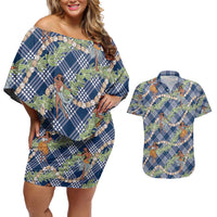 Navy Blue Palaka Hula Girls Seamless Hawaii Aloha Couples Matching Off Shoulder Short Dress and Hawaiian Shirt - Polynesian Pride