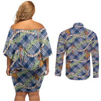 Navy Blue Palaka Hula Girls Seamless Hawaii Aloha Couples Matching Off Shoulder Short Dress and Long Sleeve Button Shirt - Polynesian Pride