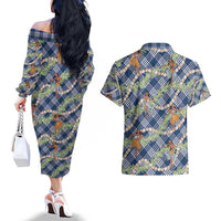 Navy Blue Palaka Hula Girls Seamless Hawaii Aloha Couples Matching Off The Shoulder Long Sleeve Dress and Hawaiian Shirt - Polynesian Pride
