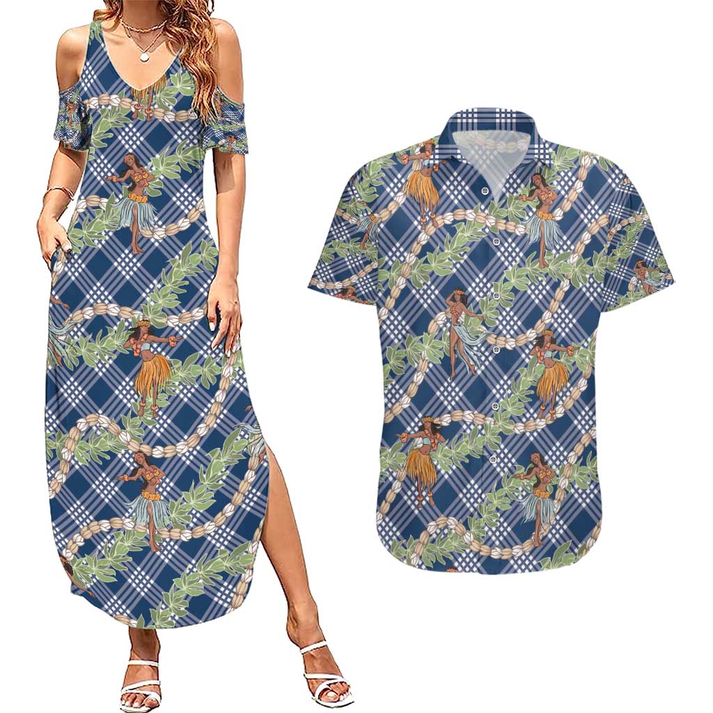 Navy Blue Palaka Hula Girls Seamless Hawaii Aloha Couples Matching Summer Maxi Dress and Hawaiian Shirt - Polynesian Pride