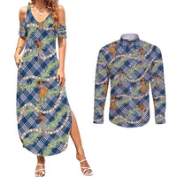 Navy Blue Palaka Hula Girls Seamless Hawaii Aloha Couples Matching Summer Maxi Dress and Long Sleeve Button Shirt - Polynesian Pride