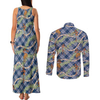 Navy Blue Palaka Hula Girls Seamless Hawaii Aloha Couples Matching Tank Maxi Dress and Long Sleeve Button Shirt - Polynesian Pride