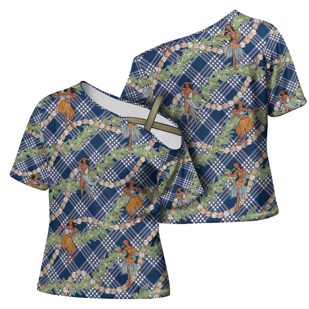 Navy Blue Palaka Hula Girls Seamless Hawaii Aloha Cross Shoulder Shirt - Polynesian Pride