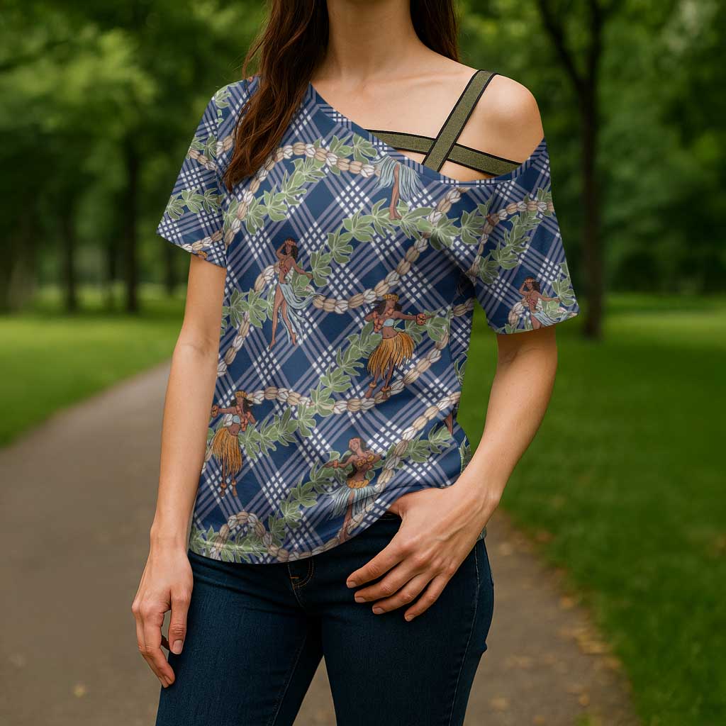 Navy Blue Palaka Hula Girls Seamless Hawaii Aloha Cross Shoulder Shirt - Polynesian Pride