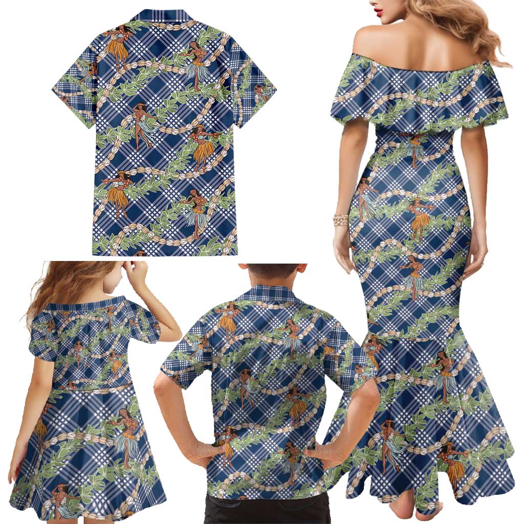 Navy Blue Palaka Hula Girls Seamless Hawaii Aloha Family Matching Mermaid Dress and Hawaiian Shirt - Polynesian Pride