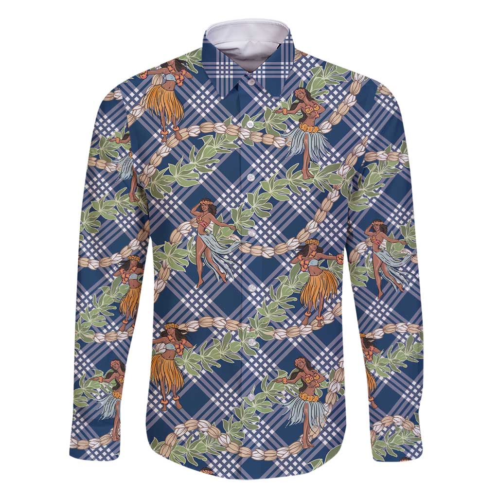 Navy Blue Palaka Hula Girls Seamless Hawaii Aloha Family Matching Mermaid Dress and Hawaiian Shirt - Polynesian Pride