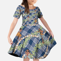 Navy Blue Palaka Hula Girls Seamless Hawaii Aloha Family Matching Off The Shoulder Long Sleeve Dress and Hawaiian Shirt - Polynesian Pride