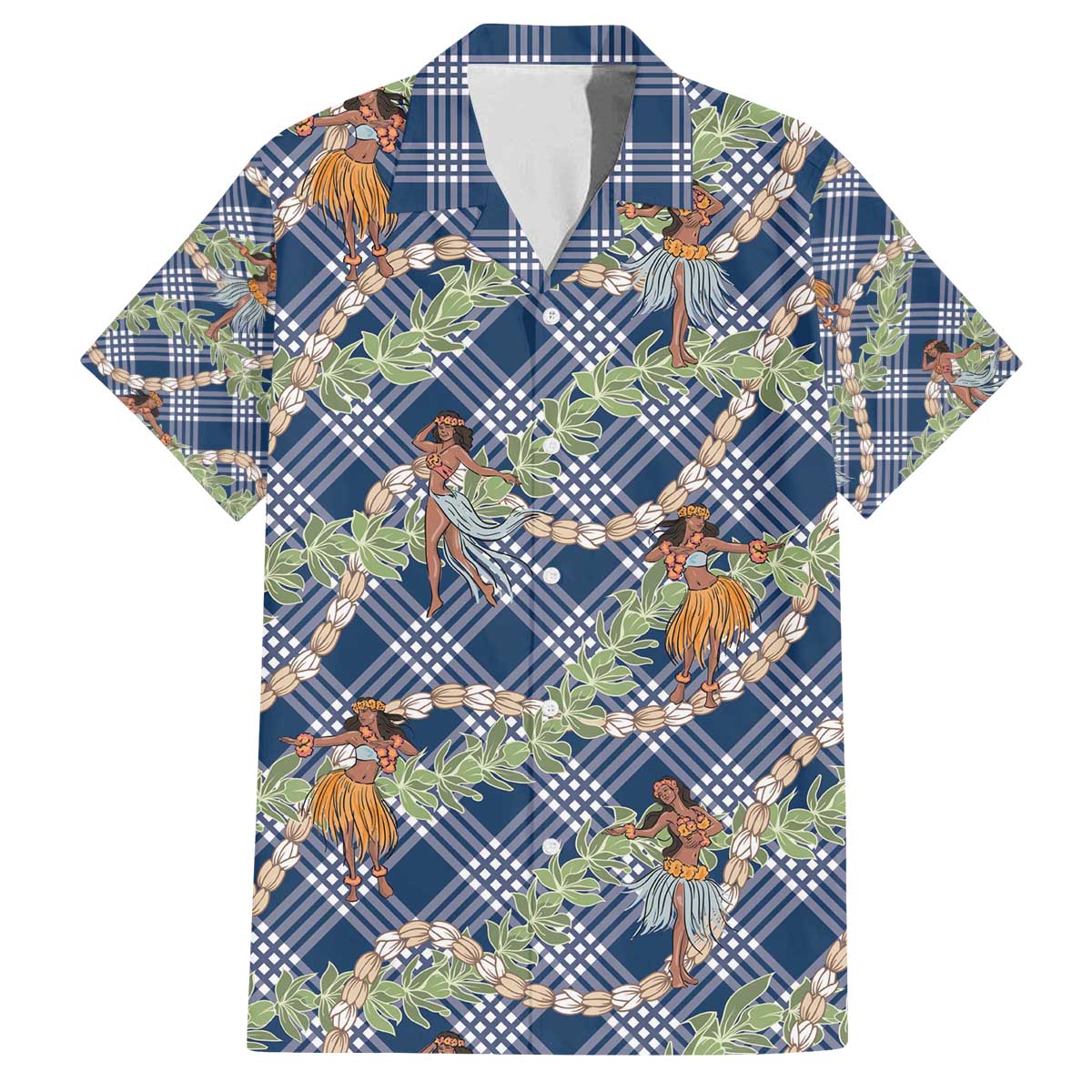 Navy Blue Palaka Hula Girls Seamless Hawaii Aloha Family Matching Off The Shoulder Long Sleeve Dress and Hawaiian Shirt - Polynesian Pride