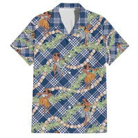 Navy Blue Palaka Hula Girls Seamless Hawaii Aloha Family Matching Off The Shoulder Long Sleeve Dress and Hawaiian Shirt - Polynesian Pride