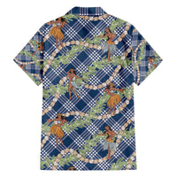 Navy Blue Palaka Hula Girls Seamless Hawaii Aloha Family Matching Off The Shoulder Long Sleeve Dress and Hawaiian Shirt - Polynesian Pride