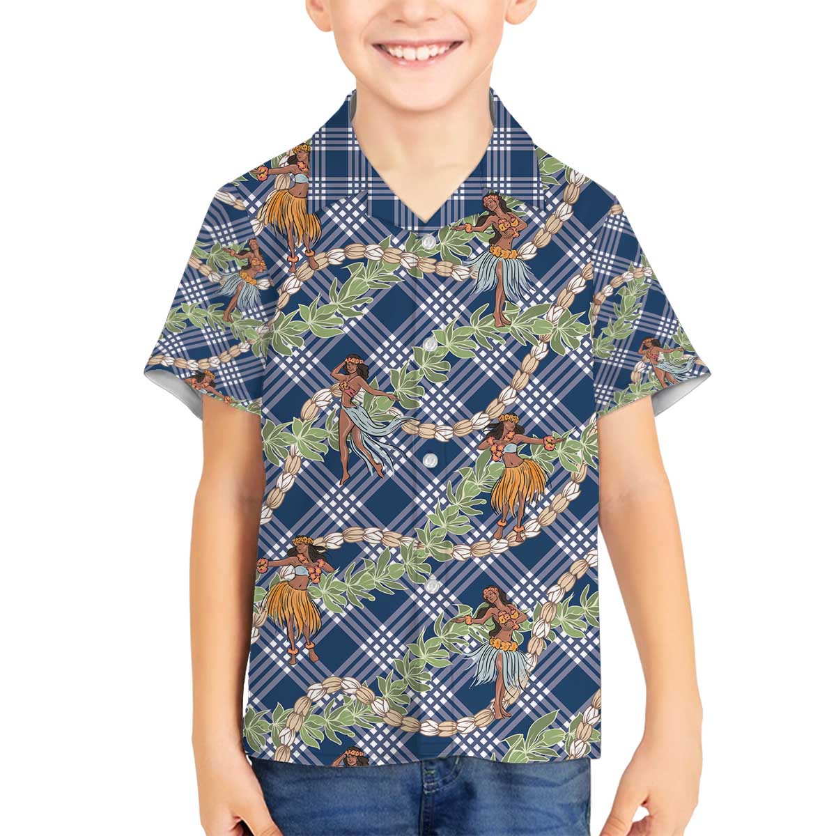 Navy Blue Palaka Hula Girls Seamless Hawaii Aloha Family Matching Off The Shoulder Long Sleeve Dress and Hawaiian Shirt - Polynesian Pride