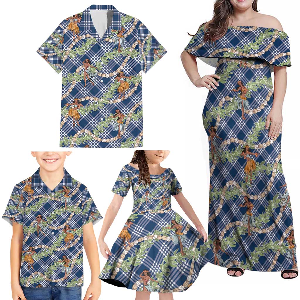Navy Blue Palaka Hula Girls Seamless Hawaii Aloha Family Matching Off Shoulder Maxi Dress and Hawaiian Shirt - Polynesian Pride