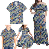 Navy Blue Palaka Hula Girls Seamless Hawaii Aloha Family Matching Off Shoulder Maxi Dress and Hawaiian Shirt - Polynesian Pride
