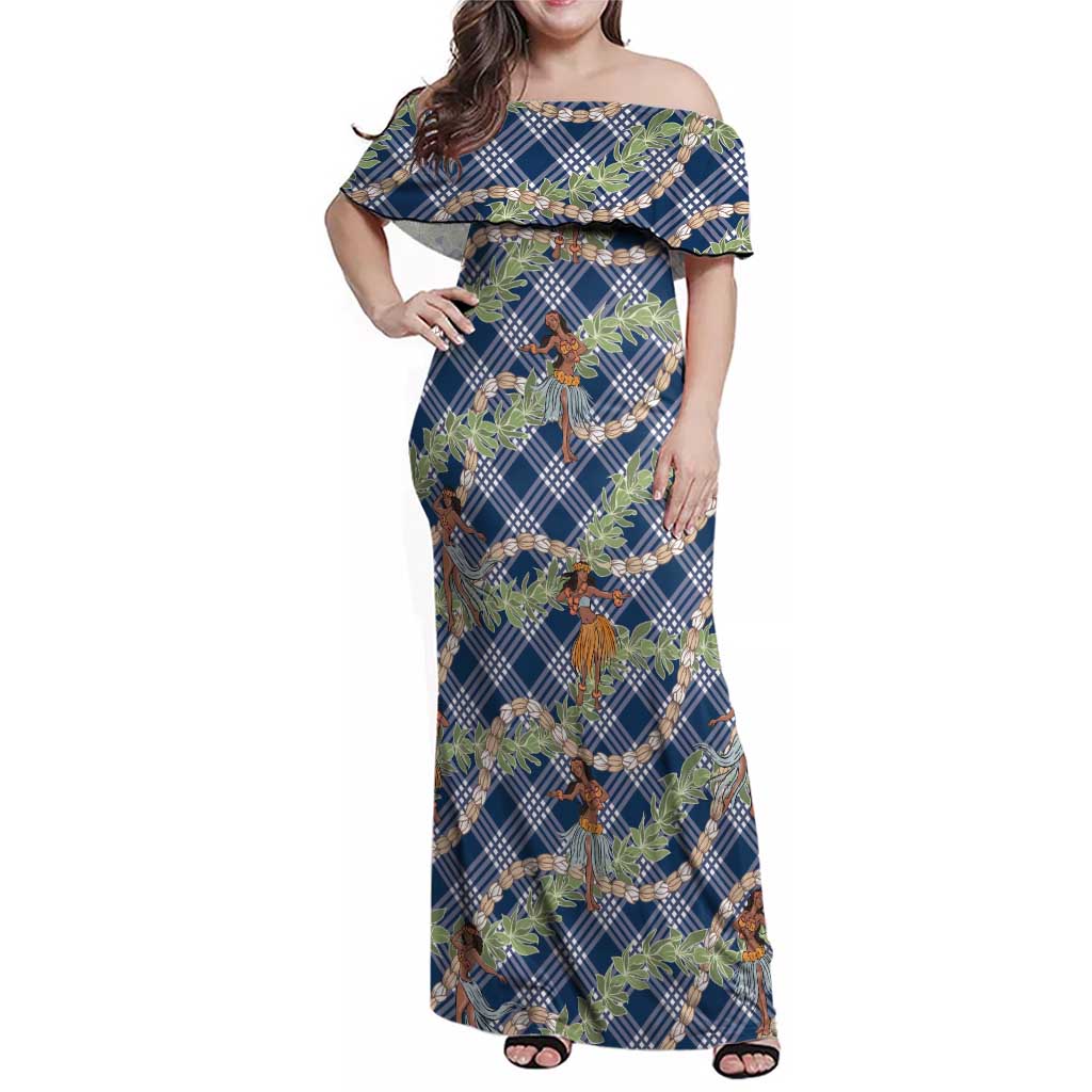 Navy Blue Palaka Hula Girls Seamless Hawaii Aloha Family Matching Off Shoulder Maxi Dress and Hawaiian Shirt - Polynesian Pride