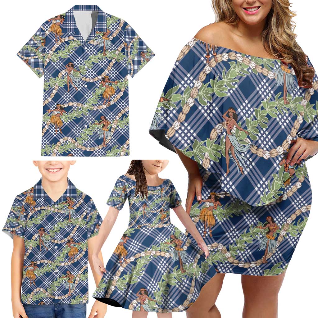 Navy Blue Palaka Hula Girls Seamless Hawaii Aloha Family Matching Off Shoulder Short Dress and Hawaiian Shirt - Polynesian Pride