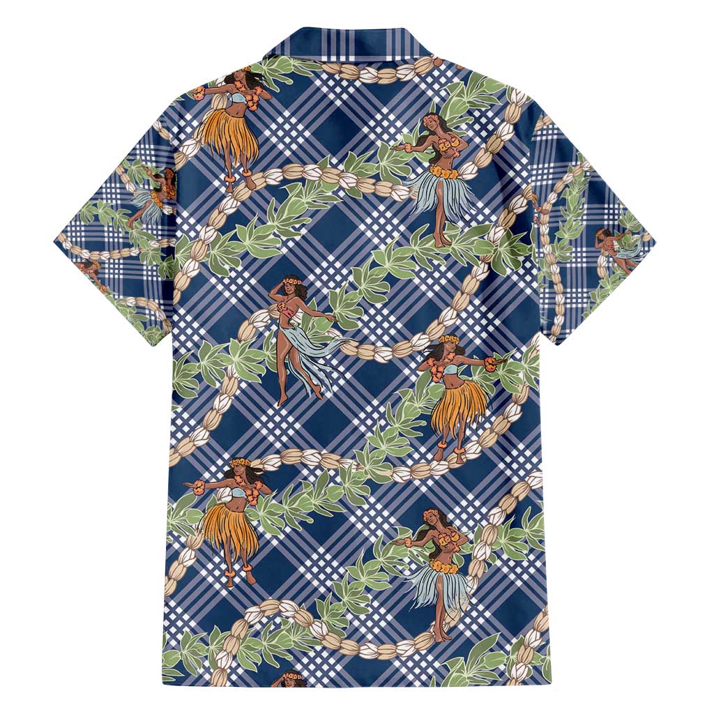 Navy Blue Palaka Hula Girls Seamless Hawaii Aloha Family Matching Off Shoulder Short Dress and Hawaiian Shirt - Polynesian Pride