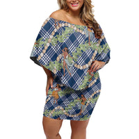 Navy Blue Palaka Hula Girls Seamless Hawaii Aloha Family Matching Off Shoulder Short Dress and Hawaiian Shirt - Polynesian Pride