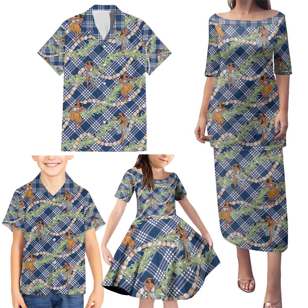 Navy Blue Palaka Hula Girls Seamless Hawaii Aloha Family Matching Puletasi and Hawaiian Shirt - Polynesian Pride