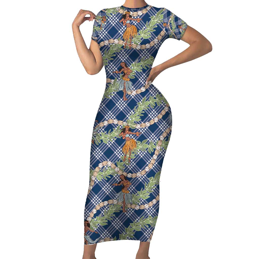 Navy Blue Palaka Hula Girls Seamless Hawaii Aloha Family Matching Short Sleeve Bodycon Dress and Hawaiian Shirt - Polynesian Pride