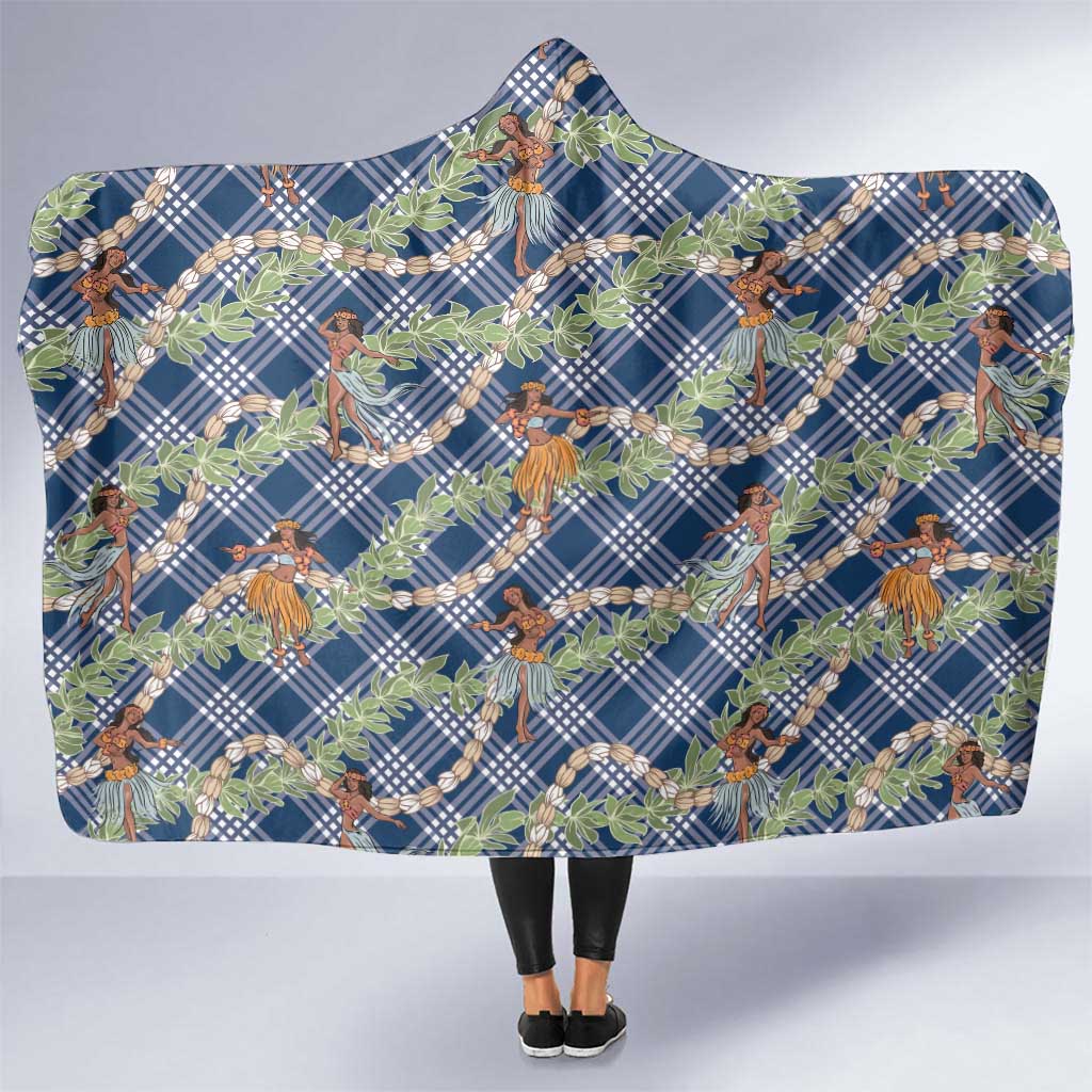 Navy Blue Palaka Hula Girls Seamless Hawaii Aloha Hooded Blanket - Polynesian Pride