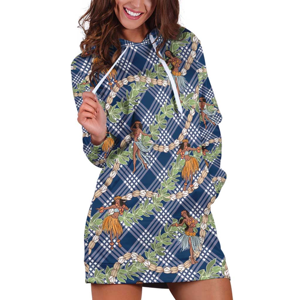 Navy Blue Palaka Hula Girls Seamless Hawaii Aloha Hoodie Dress - Polynesian Pride
