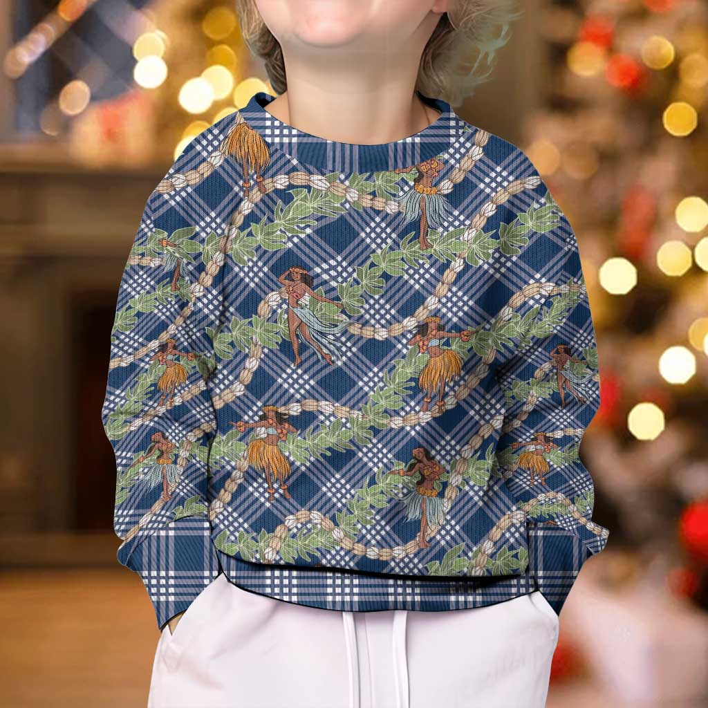 Navy Blue Palaka Hula Girls Seamless Hawaii Aloha Kid Ugly Christmas Sweater - Polynesian Pride