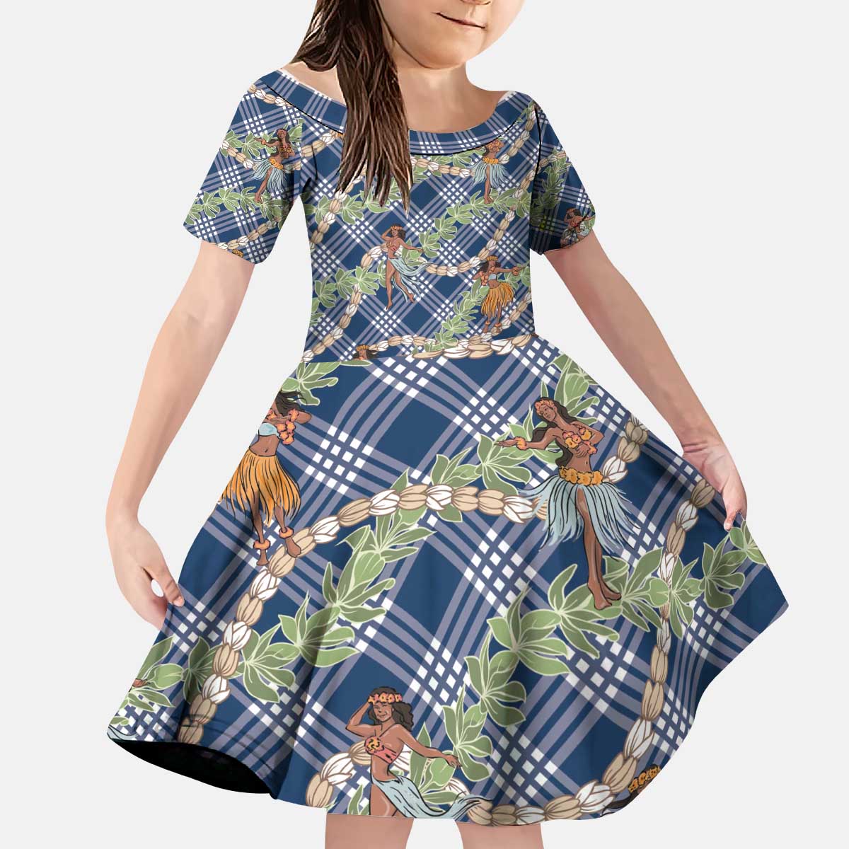 Navy Blue Palaka Hula Girls Seamless Hawaii Aloha Kid Short Sleeve Dress - Polynesian Pride