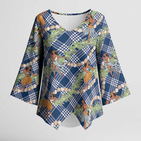 Navy Blue Palaka Hula Girls Seamless Hawaii Aloha Kimono Sleeve Blouse - Polynesian Pride