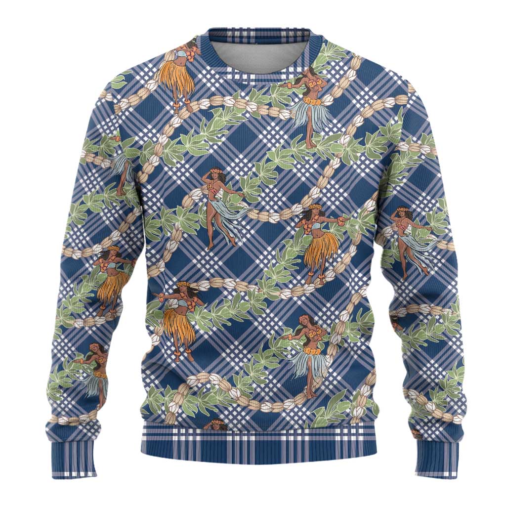 Navy Blue Palaka Hula Girls Seamless Hawaii Aloha Ugly Christmas Sweater - Polynesian Pride