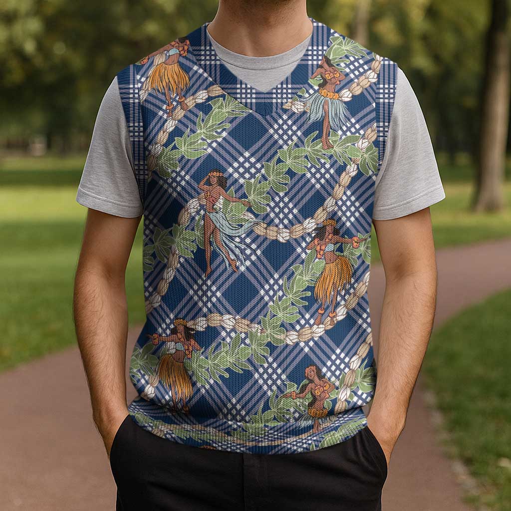 Navy Blue Palaka Hula Girls Seamless Hawaii Aloha Christmas Knitted V-Neck Vest - Polynesian Pride