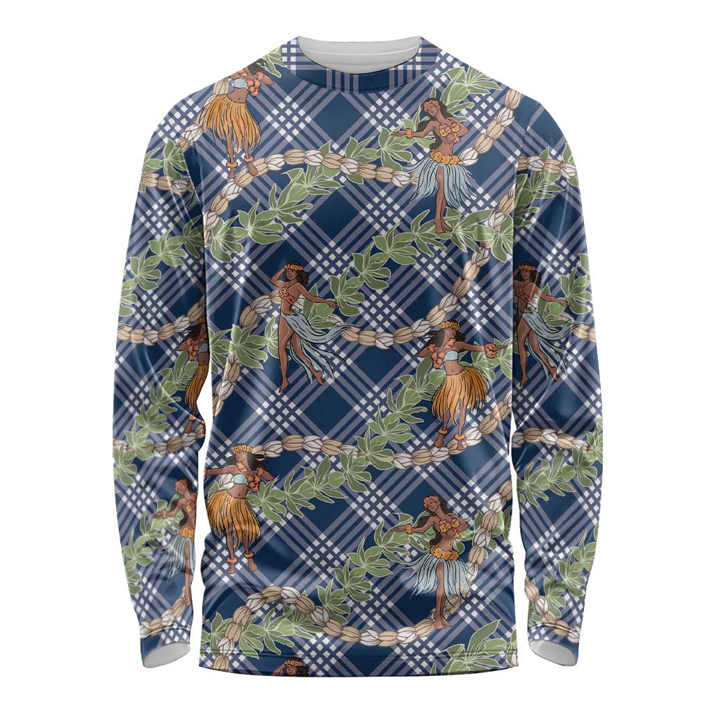 Navy Blue Palaka Hula Girls Seamless Hawaii Aloha Long Sleeve Shirt LT7 Unisex Navy Blue - Polynesian Pride