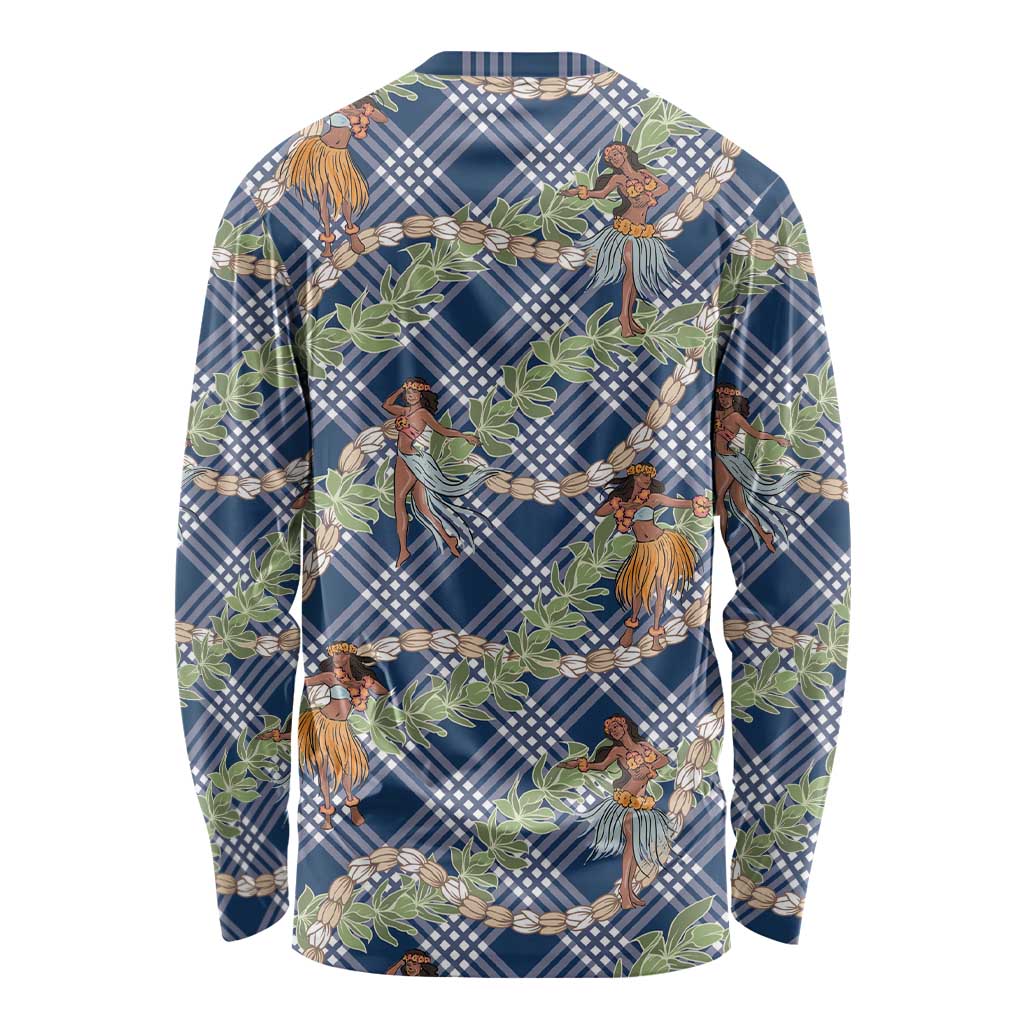 Navy Blue Palaka Hula Girls Seamless Hawaii Aloha Long Sleeve Shirt LT7 - Polynesian Pride