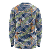Navy Blue Palaka Hula Girls Seamless Hawaii Aloha Long Sleeve Shirt LT7 - Polynesian Pride