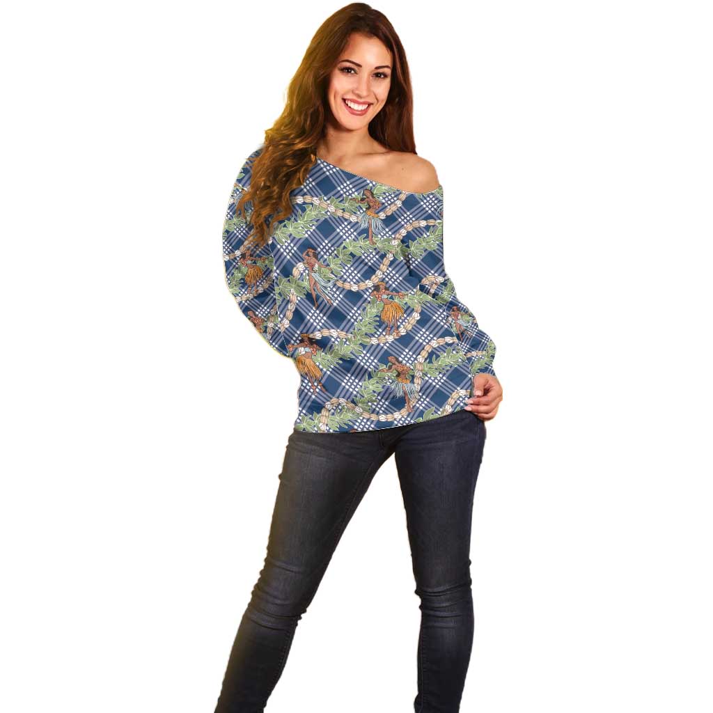 Navy Blue Palaka Hula Girls Seamless Hawaii Aloha Off Shoulder Sweater - Polynesian Pride
