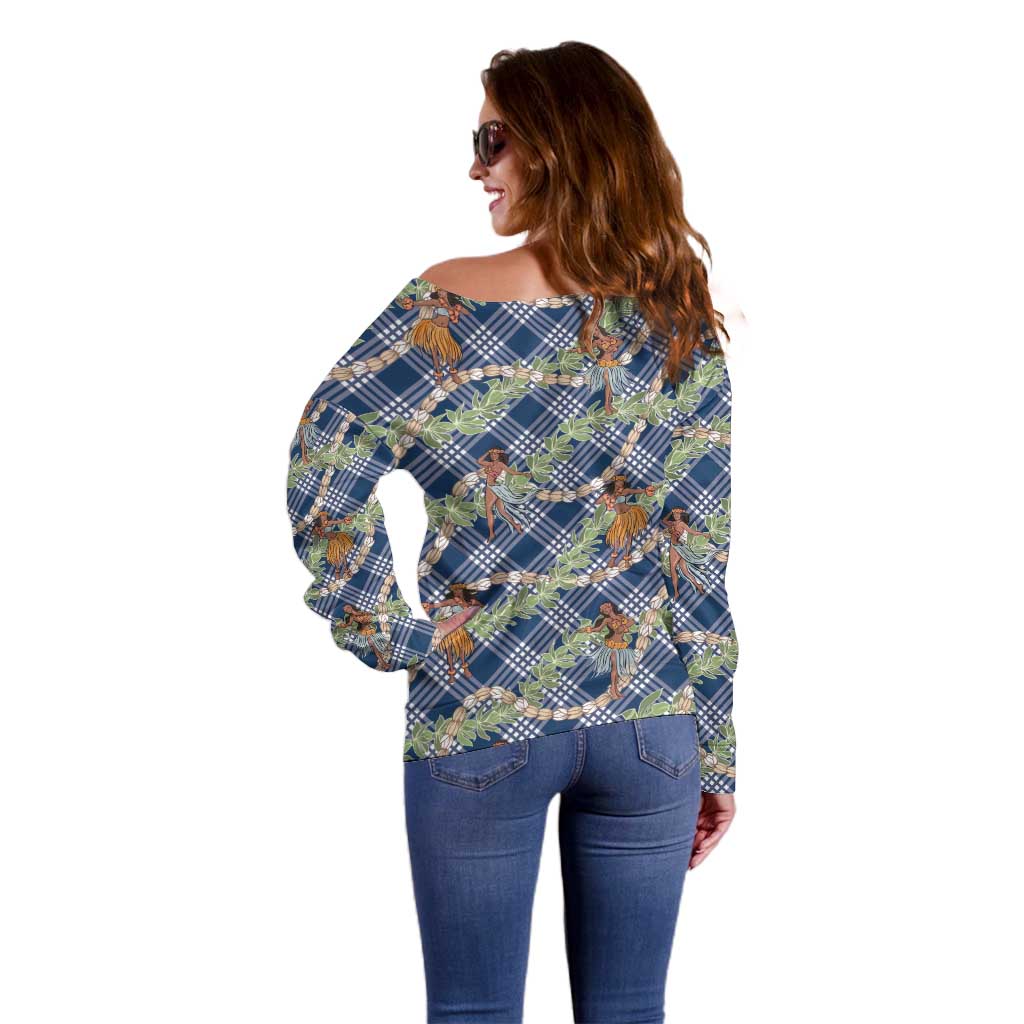Navy Blue Palaka Hula Girls Seamless Hawaii Aloha Off Shoulder Sweater - Polynesian Pride