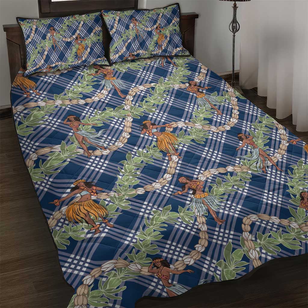 Navy Blue Palaka Hula Girls Seamless Hawaii Aloha Quilt Bed Set - Polynesian Pride