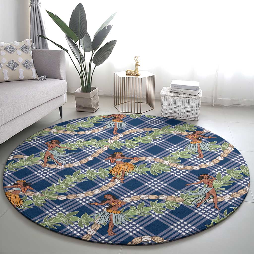 Navy Blue Palaka Hula Girls Seamless Hawaii Aloha Round Carpet - Polynesian Pride