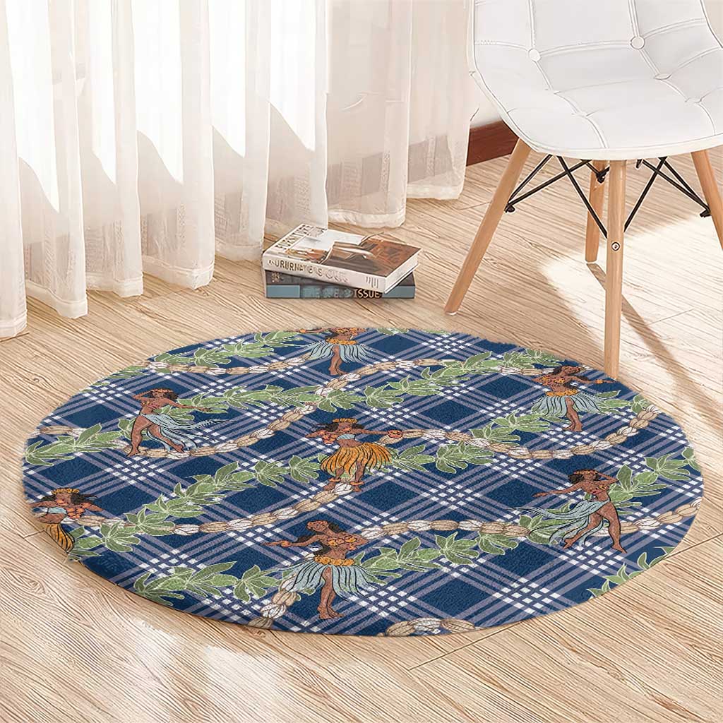 Navy Blue Palaka Hula Girls Seamless Hawaii Aloha Round Carpet - Polynesian Pride