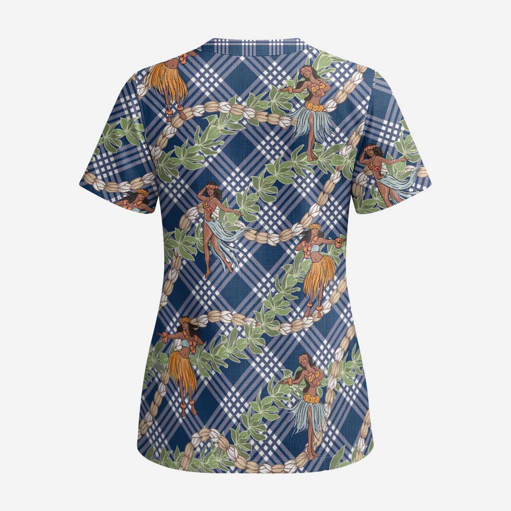 Navy Blue Palaka Hula Girls Seamless Hawaii Aloha Scrub Top - Polynesian Pride