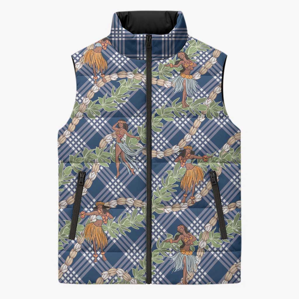 Navy Blue Palaka Hula Girls Seamless Hawaii Aloha Sleeveless Puffer Jacket - Polynesian Pride