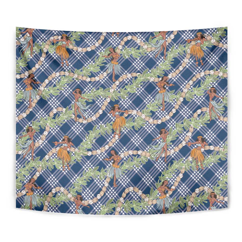Navy Blue Palaka Hula Girls Seamless Hawaii Aloha Tapestry - Polynesian Pride