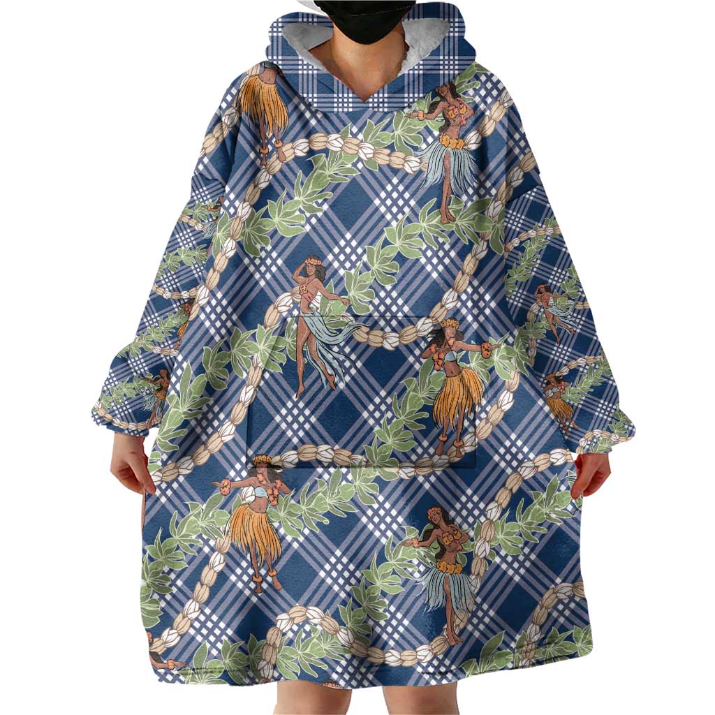 Navy Blue Palaka Hula Girls Seamless Hawaii Aloha Wearable Blanket Hoodie - Polynesian Pride