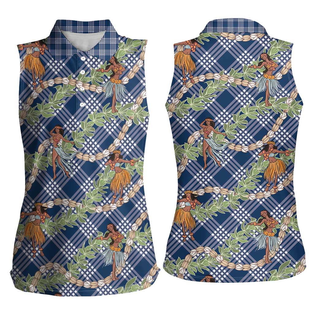 Navy Blue Palaka Hula Girls Seamless Hawaii Aloha Women Sleeveless Polo Shirt - Polynesian Pride